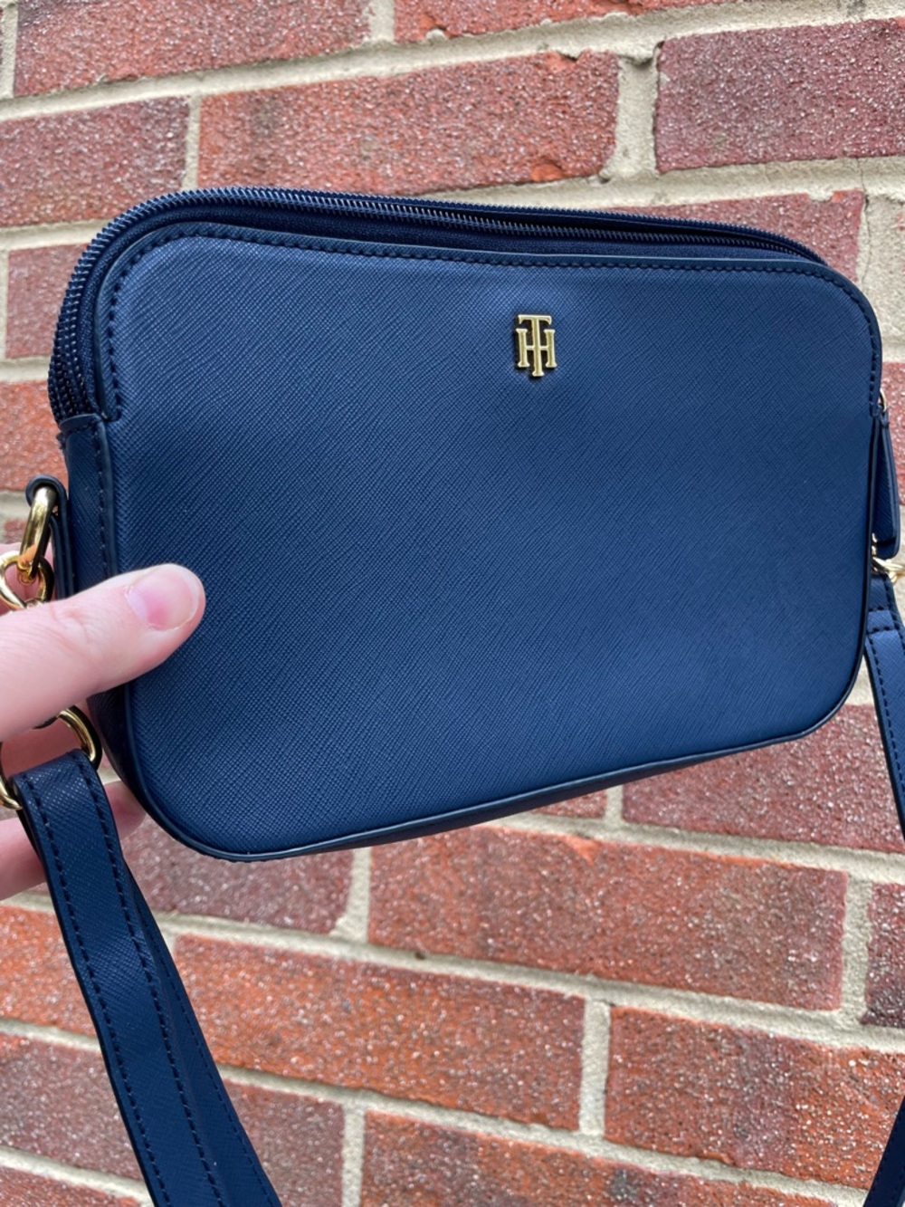 Tommy Hilfiger Blue Crossbody Bag Vinyl Double Zipper Gold Accents - EUC - Picture 2 of 10